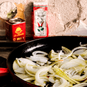 Caramelizing onions for Romanian white bean spread fasole batuta.