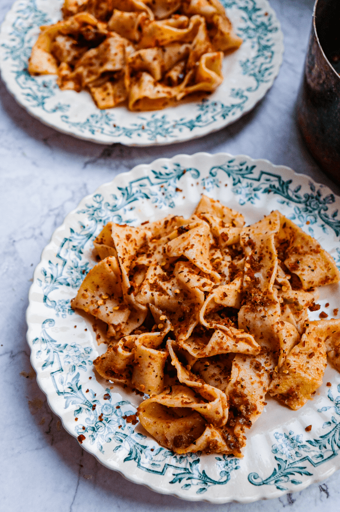 homemade pappardelle pasta with sicilian anchovy and breadcrumb sauce