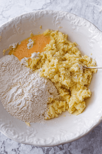 Mixing homemade potato gnocchi dough.