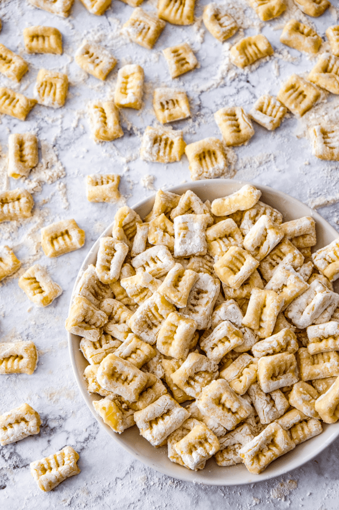 Homemade potato gnocchi made from leftover mashed potatoes.