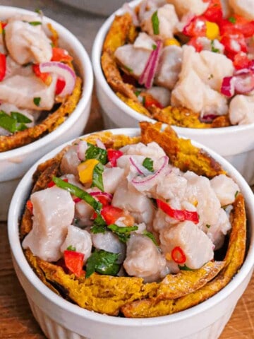 Fresh and spicy tuna ceviche with red onion, red pepper, corn, chillies and cilantro perfectly paired with crispy, salt and sweet toasted plantain bowls. They make a great appetizer or light meal.