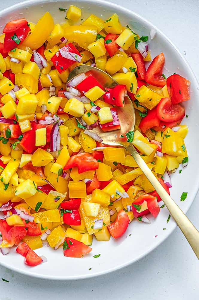 mango salsa for spicy fish tacos with creamy white lightning sauce