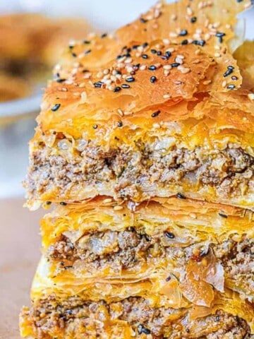 Romanian meat pie with ground meat filling in phyllo pastry.