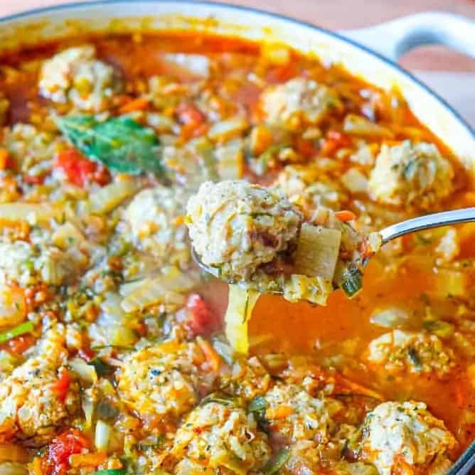 Cabbage Roll Soup with Rice Meatballs