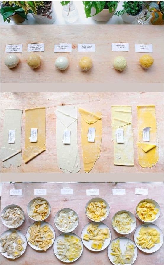 A comparison of 6 different pasta doughs as balls of dough, then as sheets of rolled out pasta, and finally in plates as different pasta shapes.