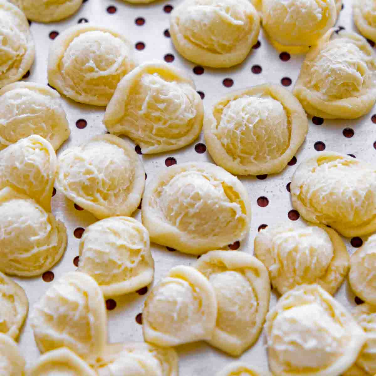 A tray of handmade orecchiette pasta.