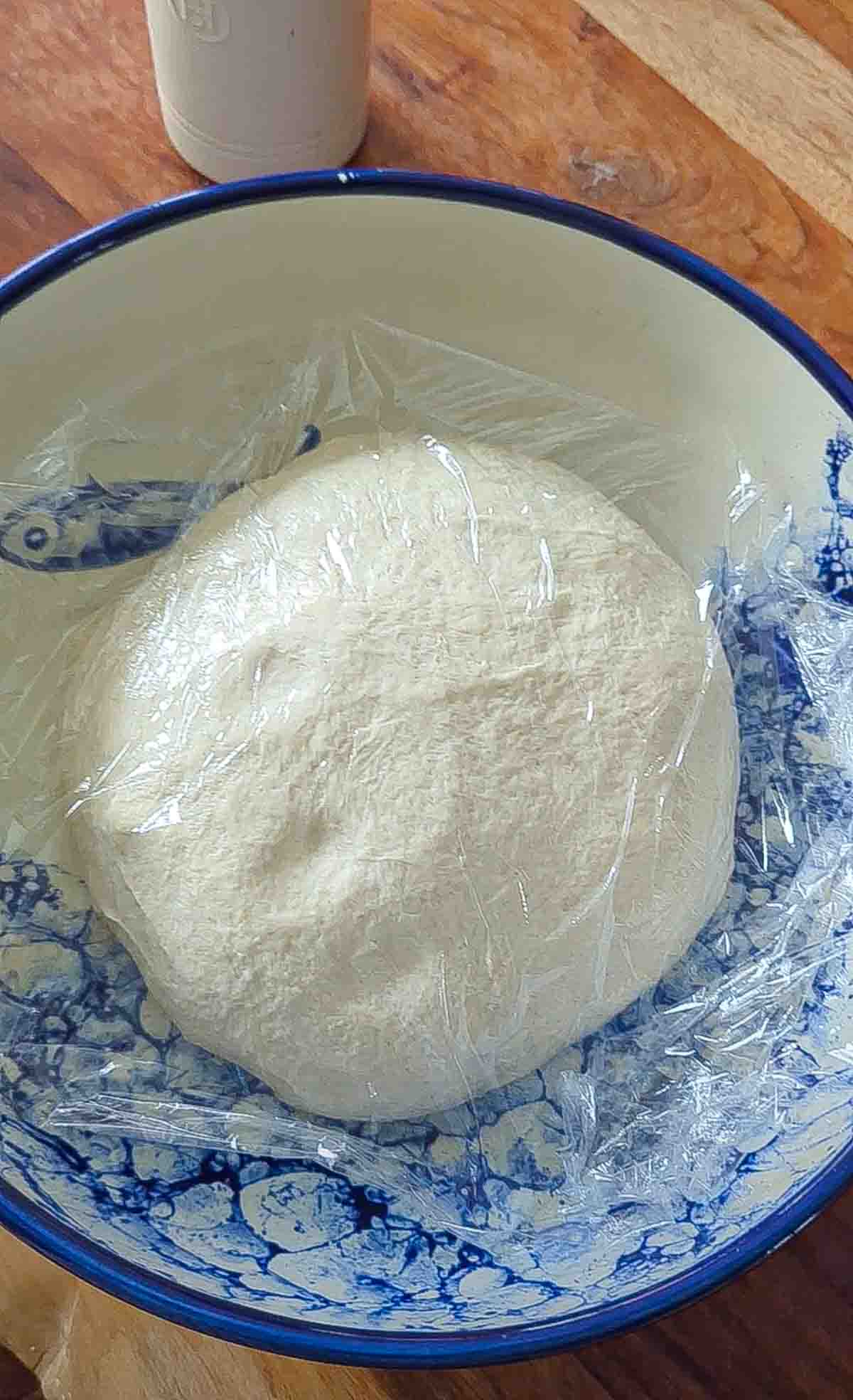 A large blue bowl containing a ball of bread dough that's covered in plastic wrap.