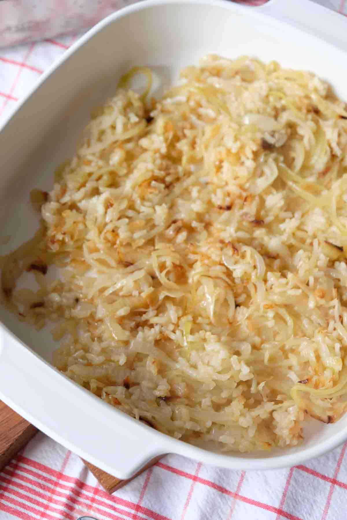 Onion and parcooked rice slow roasted in butter.