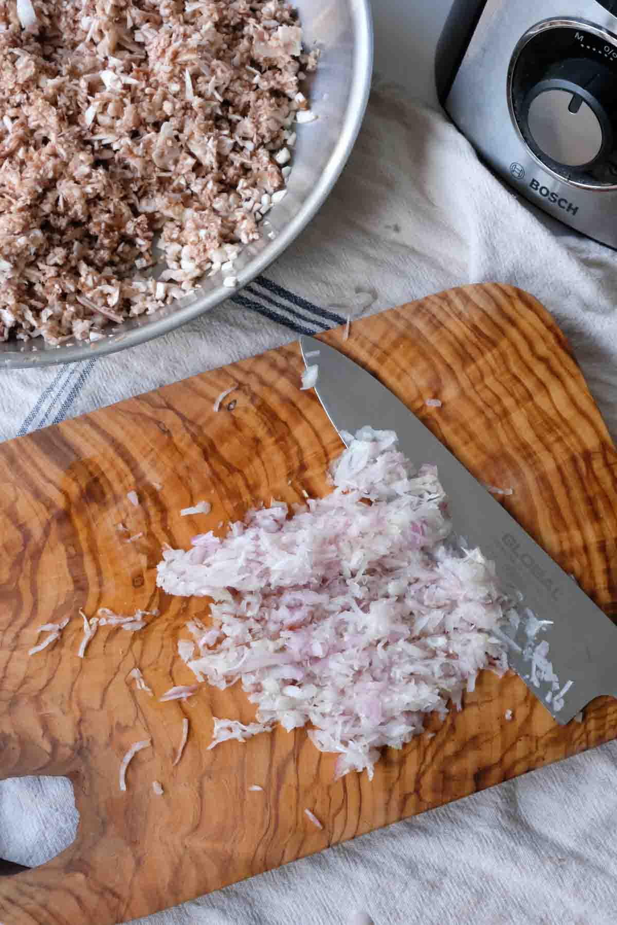 Finely chopped shallot for mushrooms duxelles.