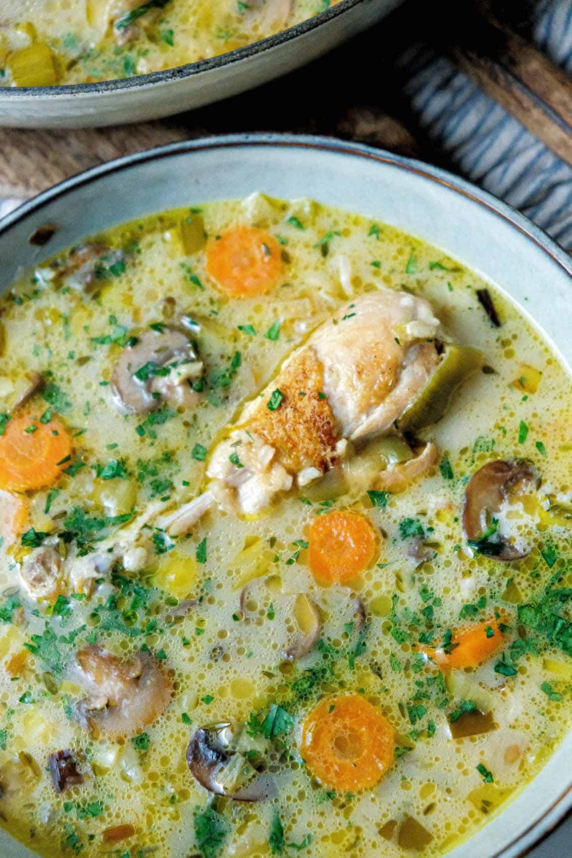 an overhead view of a bowl of chicken and leek soup that shows shredded chicken, carrots and mushrooms in a thick and creamy broth.