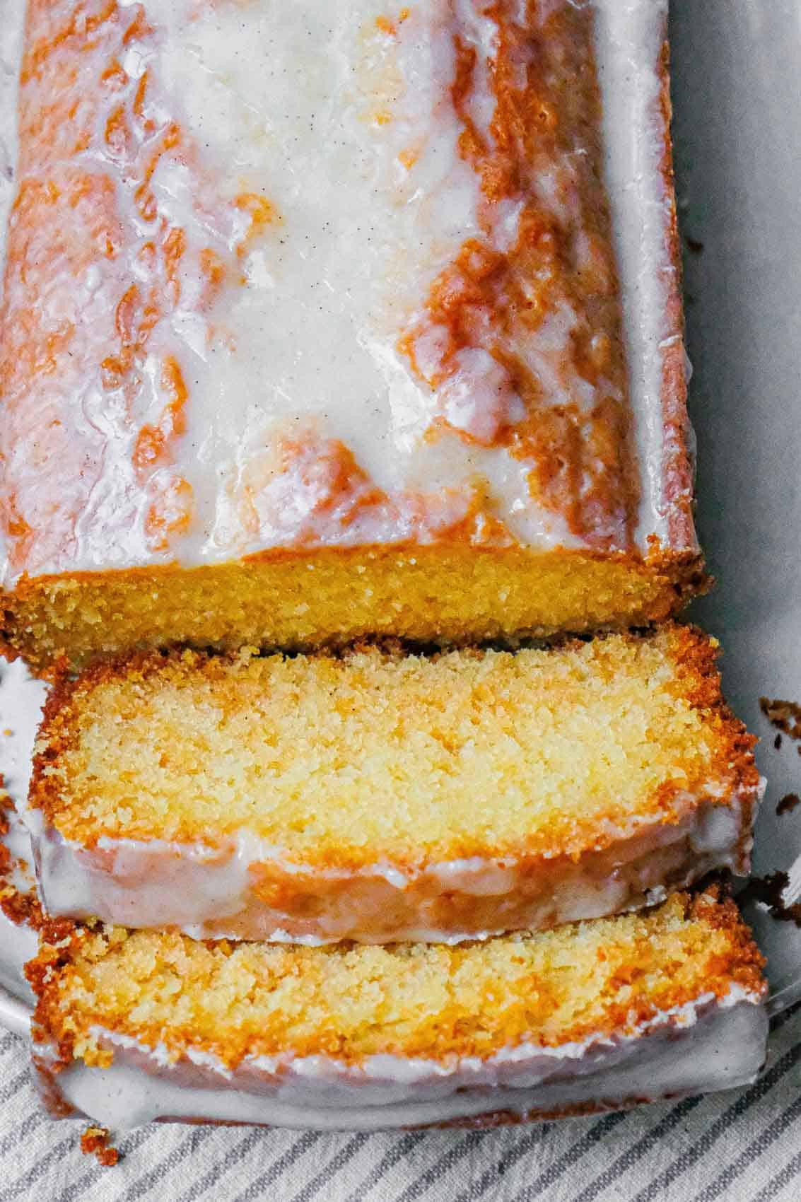 Sliced vanilla bean loaf cake.