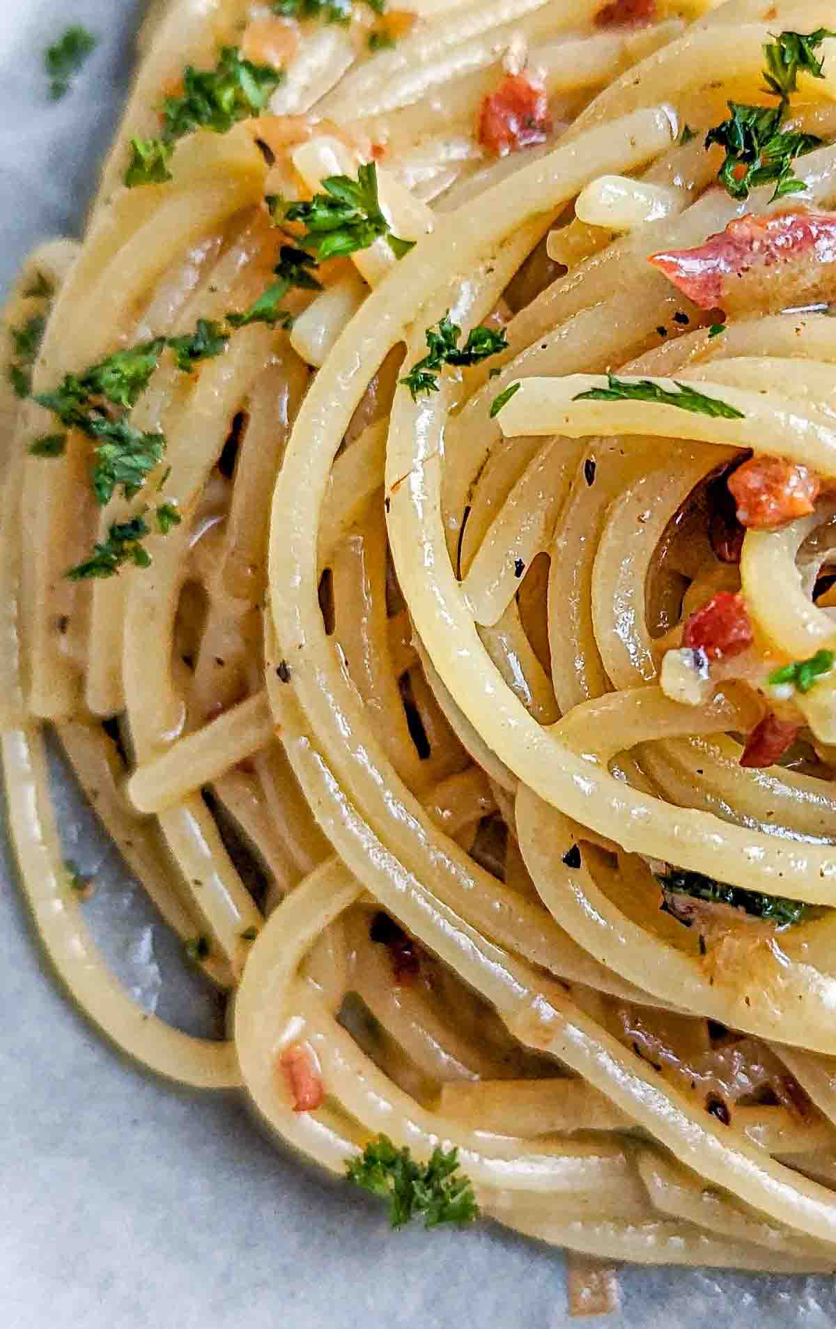 A very close up shop of the pasta showing the creaminess as well as specks of caramelized leek, crisped bacon and fresh parsley.