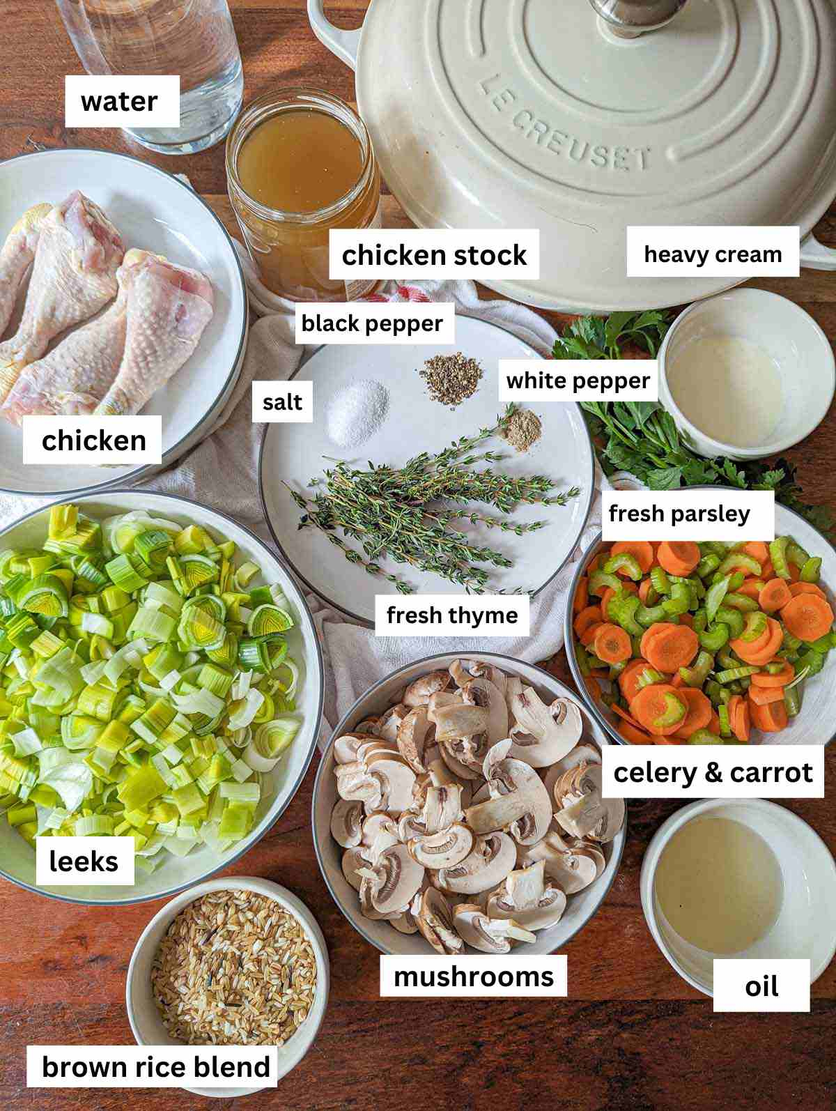 The ingredients for this chicken leek soup recipe.