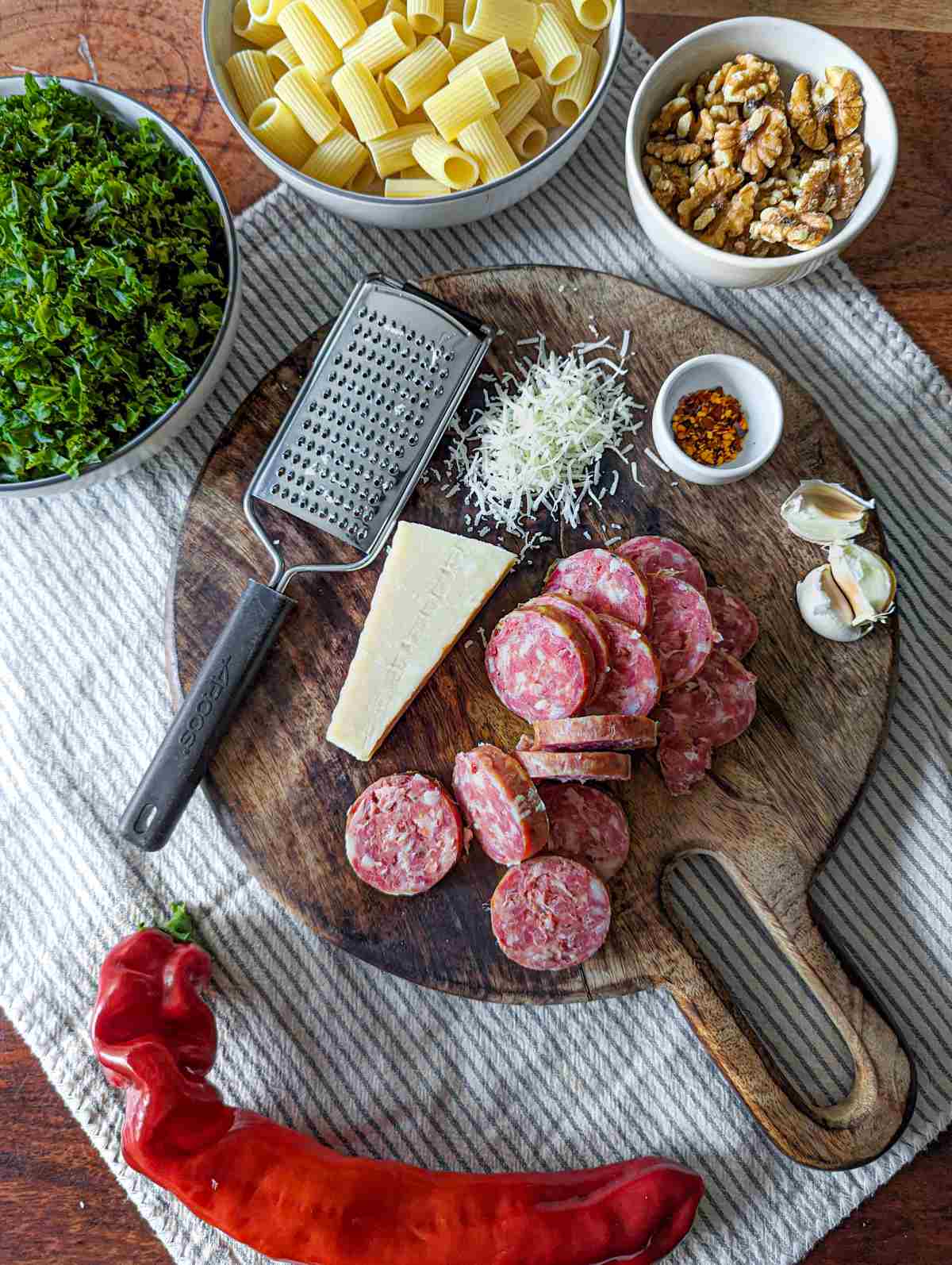 Ingredients for rigatoni before preparing.