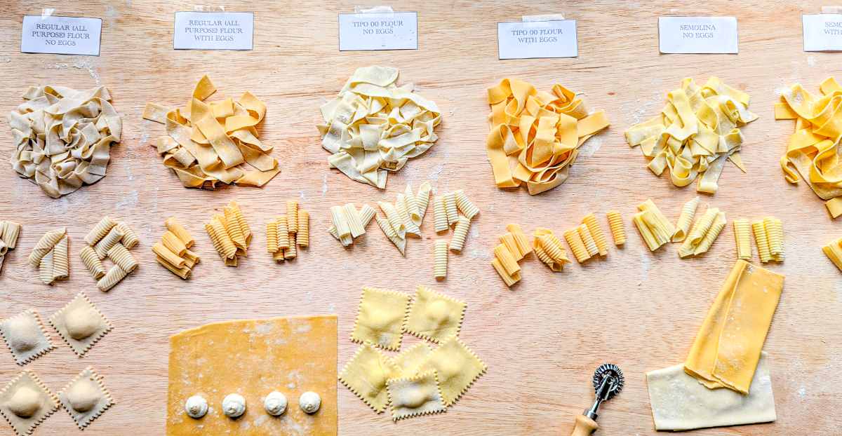 Many different pasta shapes made from different types of pasta dough.