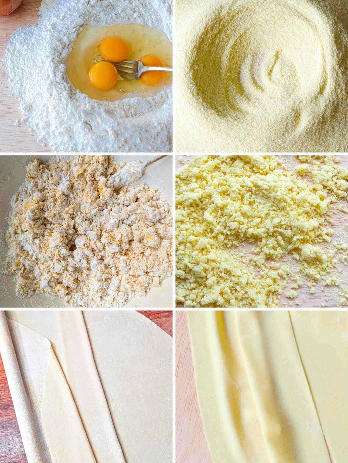 A table of six images comparing tipo 00 and semolina flour being mixed.