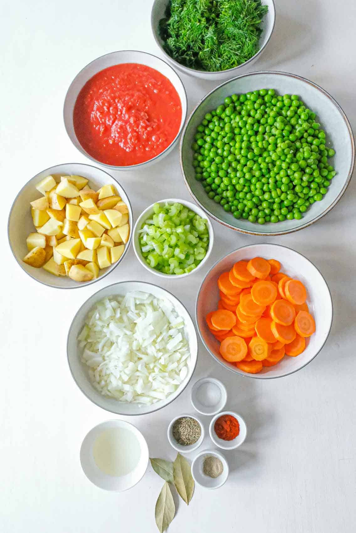 Prepared ingredients for green pea stew,