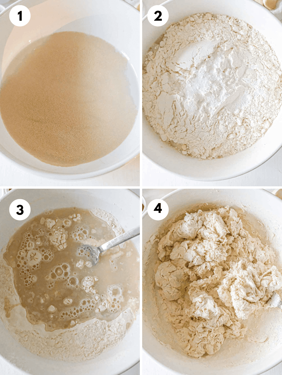Four steps to make khachapuri dough: 1) bloom the yeast in water 2) mix the flour and salt 3) pour the water into the flour and mix 4) once all the water is in the dough will be shaggy and ready to knead.