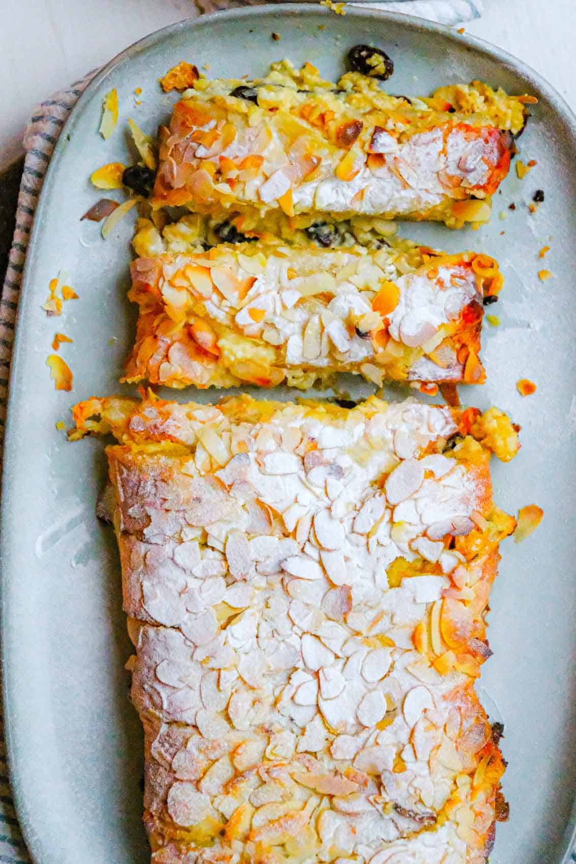 sweet cheese strudel sliced and viewed from above