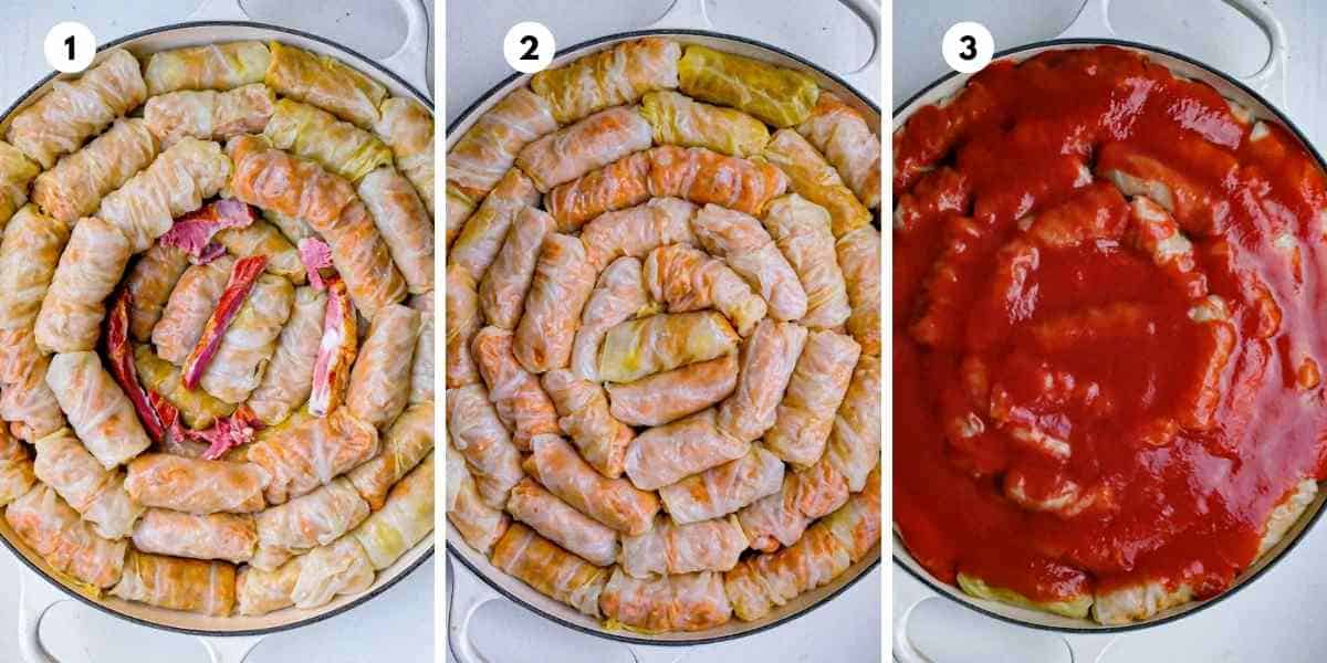 A panel pf photos showing the cabbage rolls being layered into a pot with smoked meat, then all the cabbage rolls in the pot, and then the rolls in the pot covered in a tomato puree mixture.