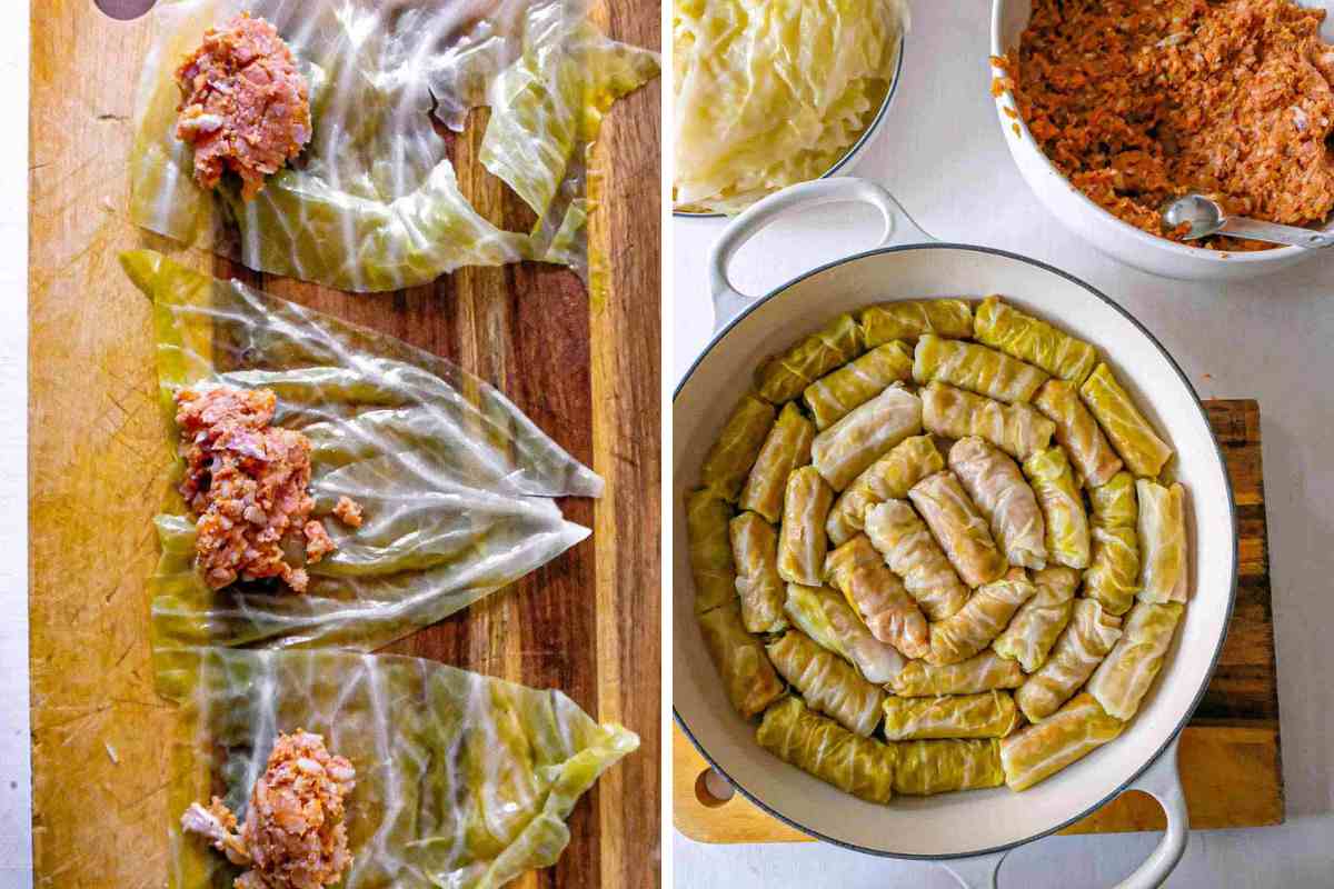 two photos showing cabbage rolls being stuffed