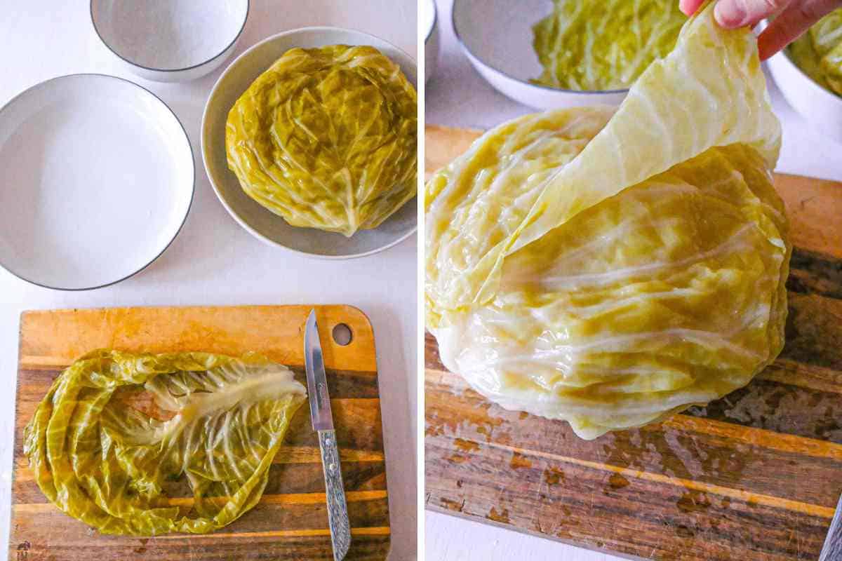 two frames showing a workstation for making cabbage rolls with bowls and a cutting board as well as a head of cabbage being taken apart.