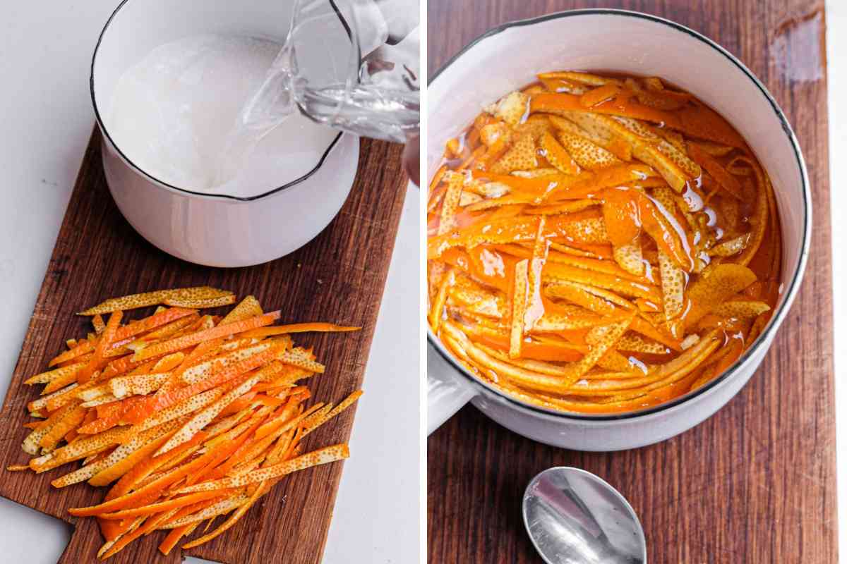 Two photos showing orange peels that are sliced thinly and then put in a small saucepan with sugar and water to make candied orange peel.