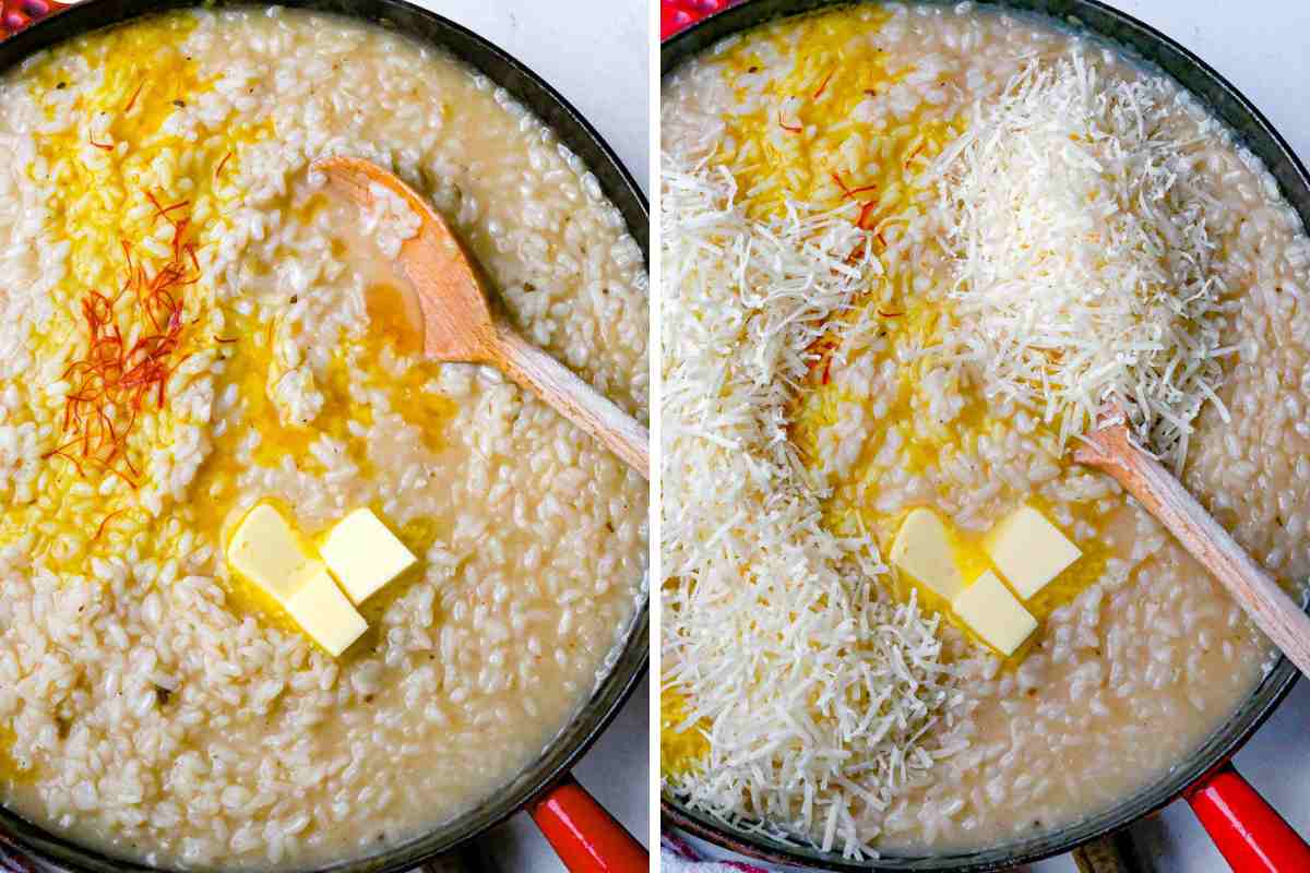 Finishing saffron risotto with butter and parmesan cheese