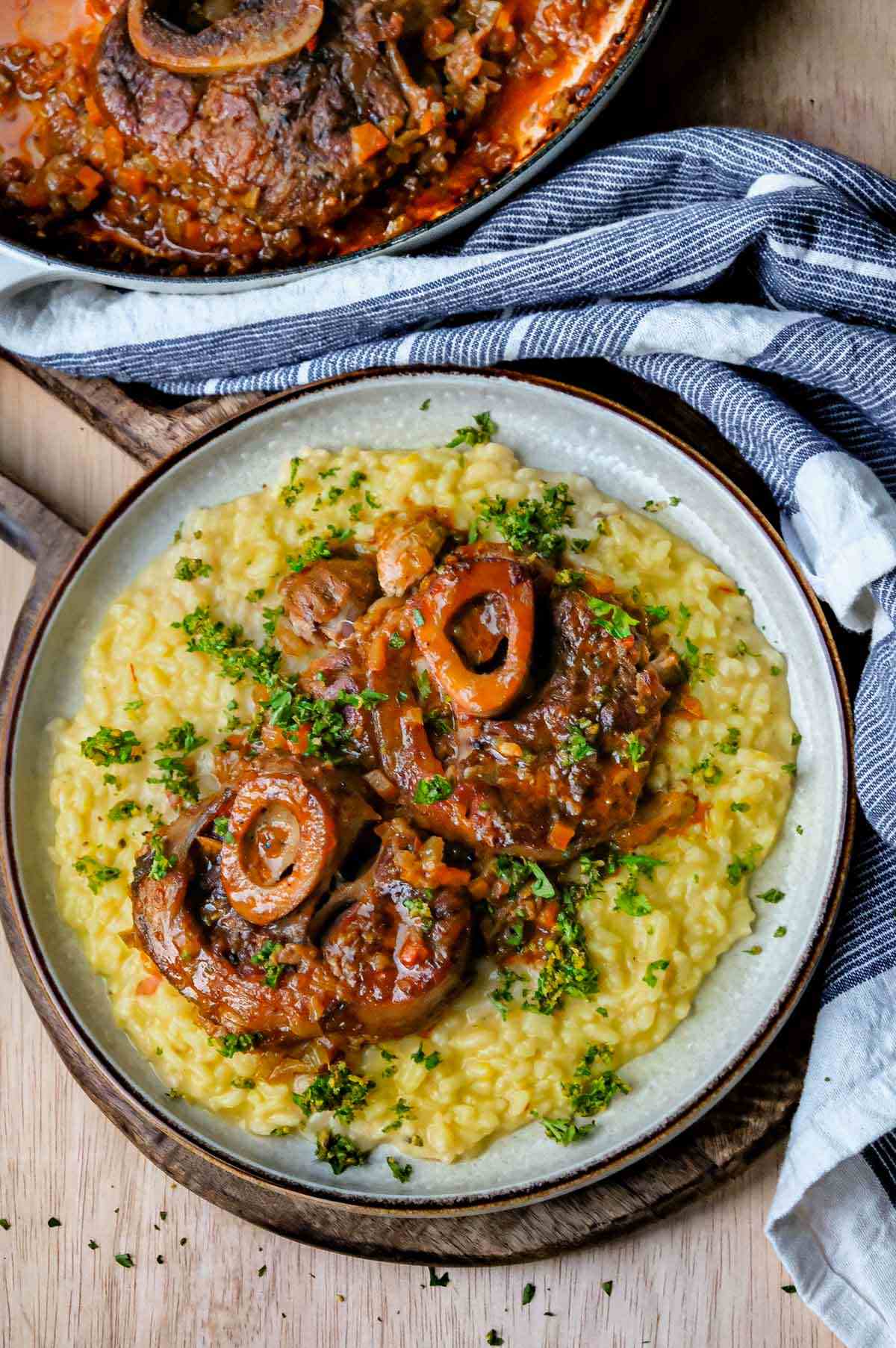 Milanese style braised veal shanks on saffron risotto.