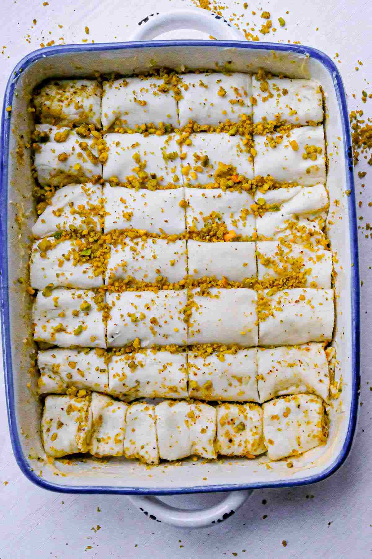 puff pastry baklava in baking dish before baking