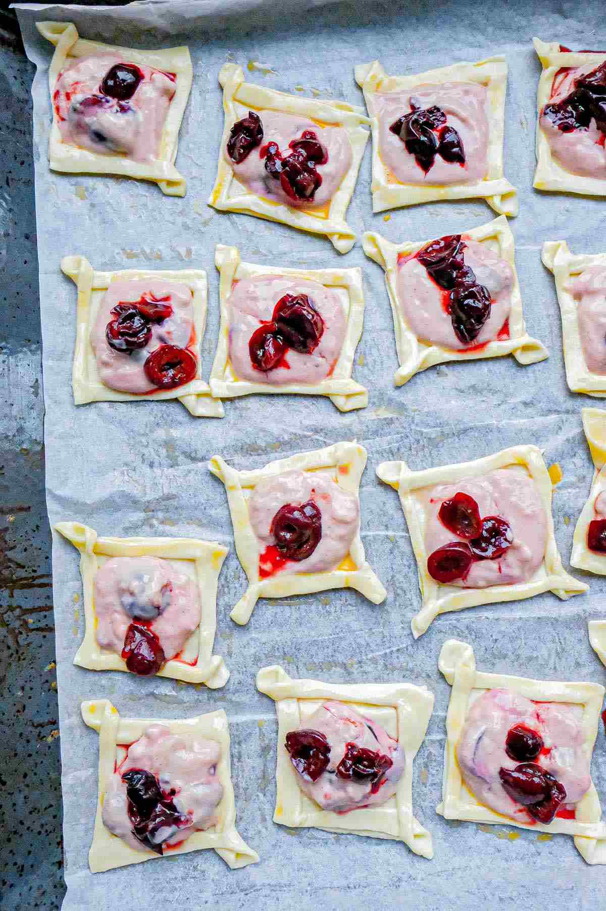 puff pastry frames filled with cherry cheese filling
