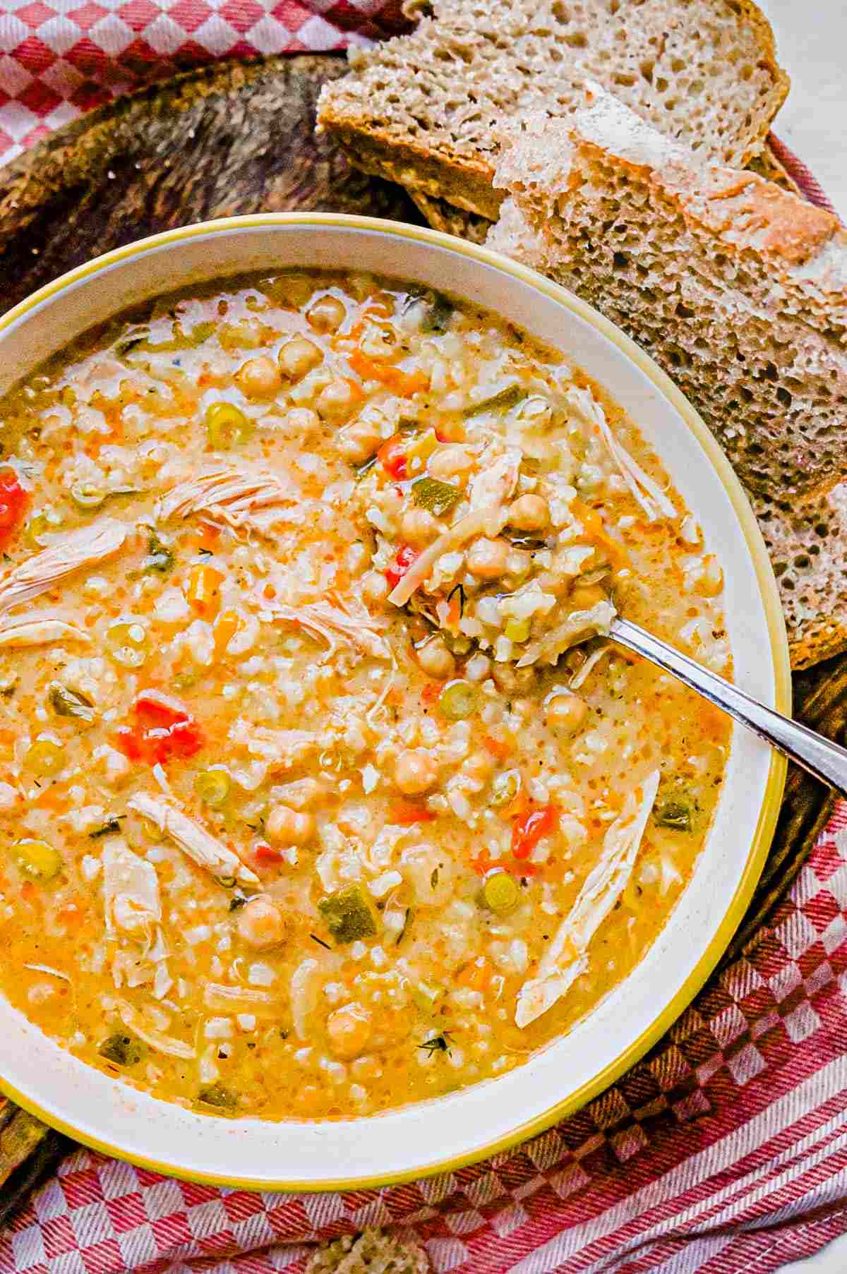 chicken and chickpea chowder with rice and vegetables