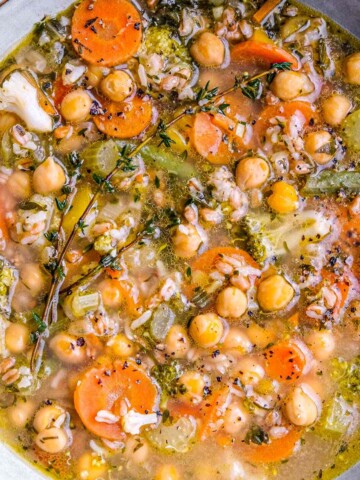 chickpea brown rice and vegetable soup close up