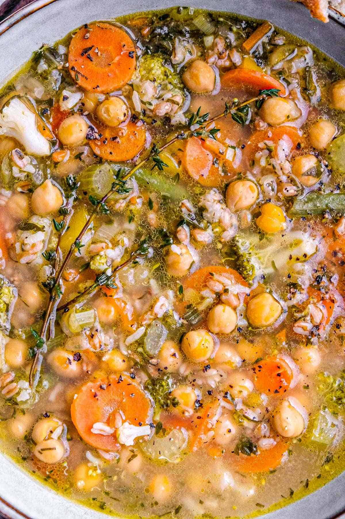 chickpea brown rice and vegetable soup close up