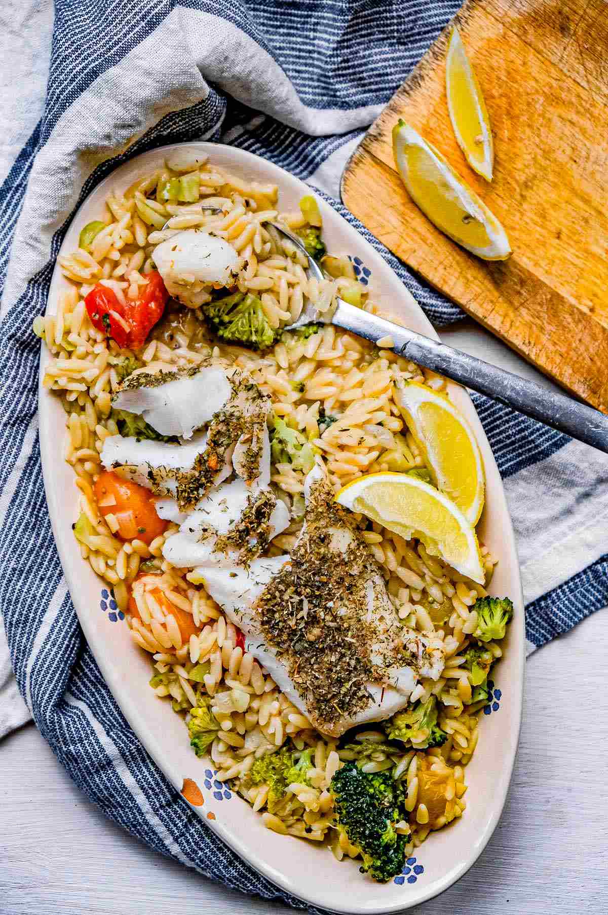 herb crusted cod and orzo with lemon