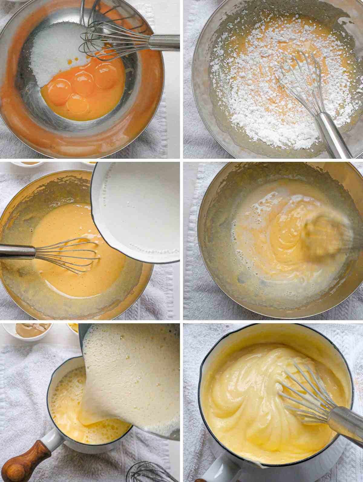 Six photos showing the process to make pastry cream.