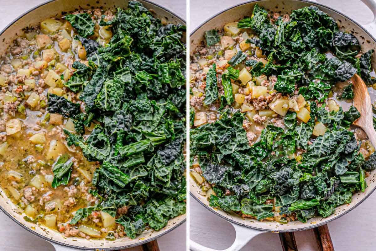 adding kale leaves to soup