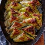 meat and rice stuffed leeks close up