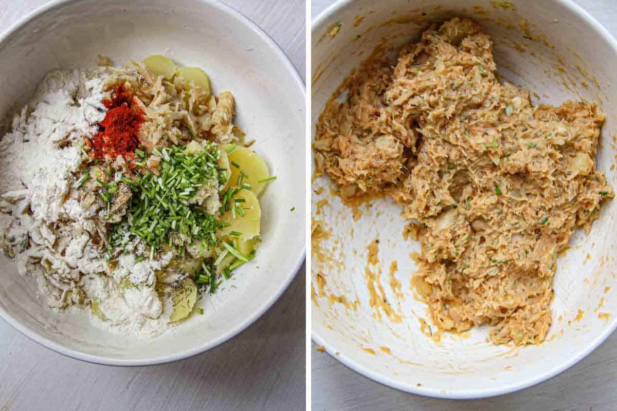 mixing ingredients to make salt cod croquettes