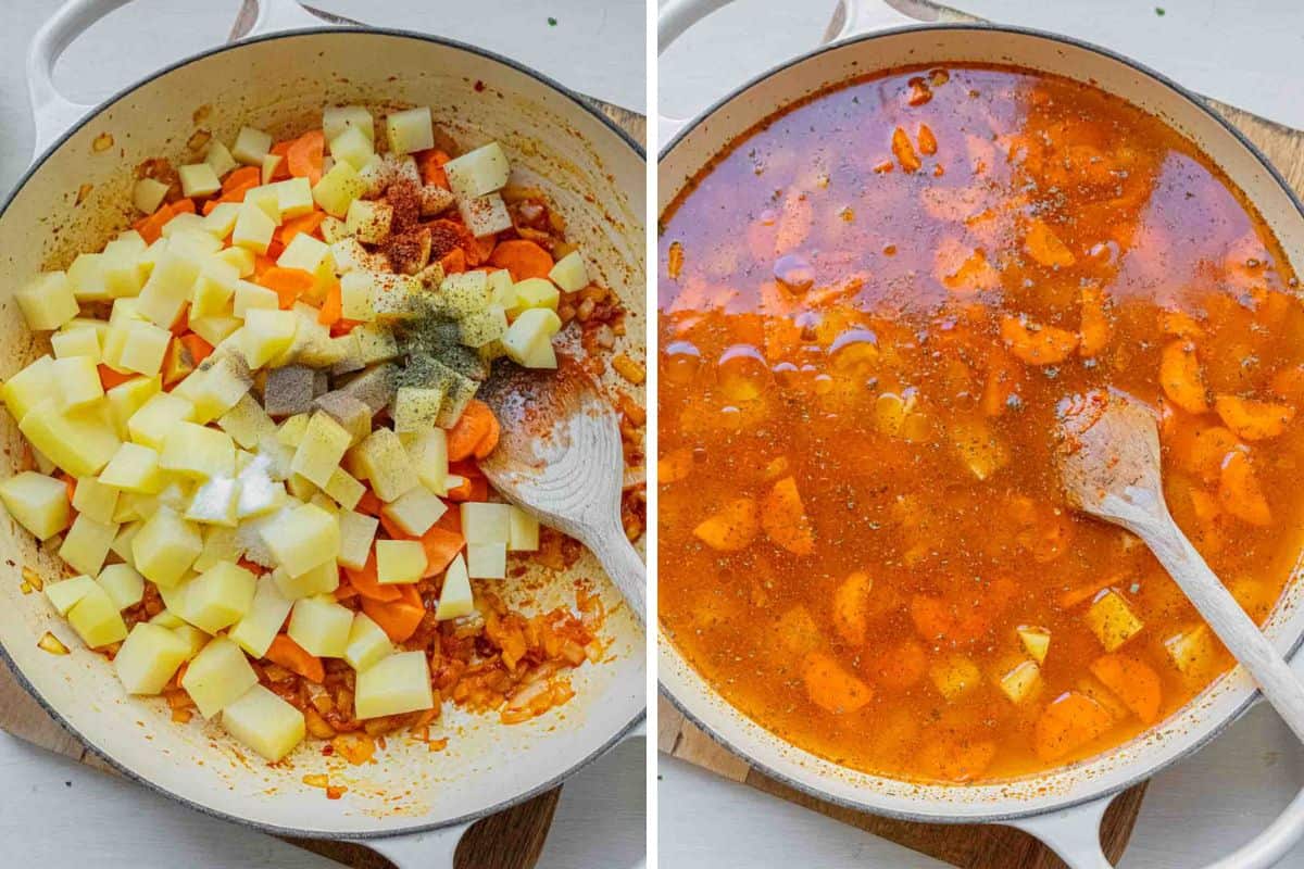 adding potatoes carrots and water to soup base