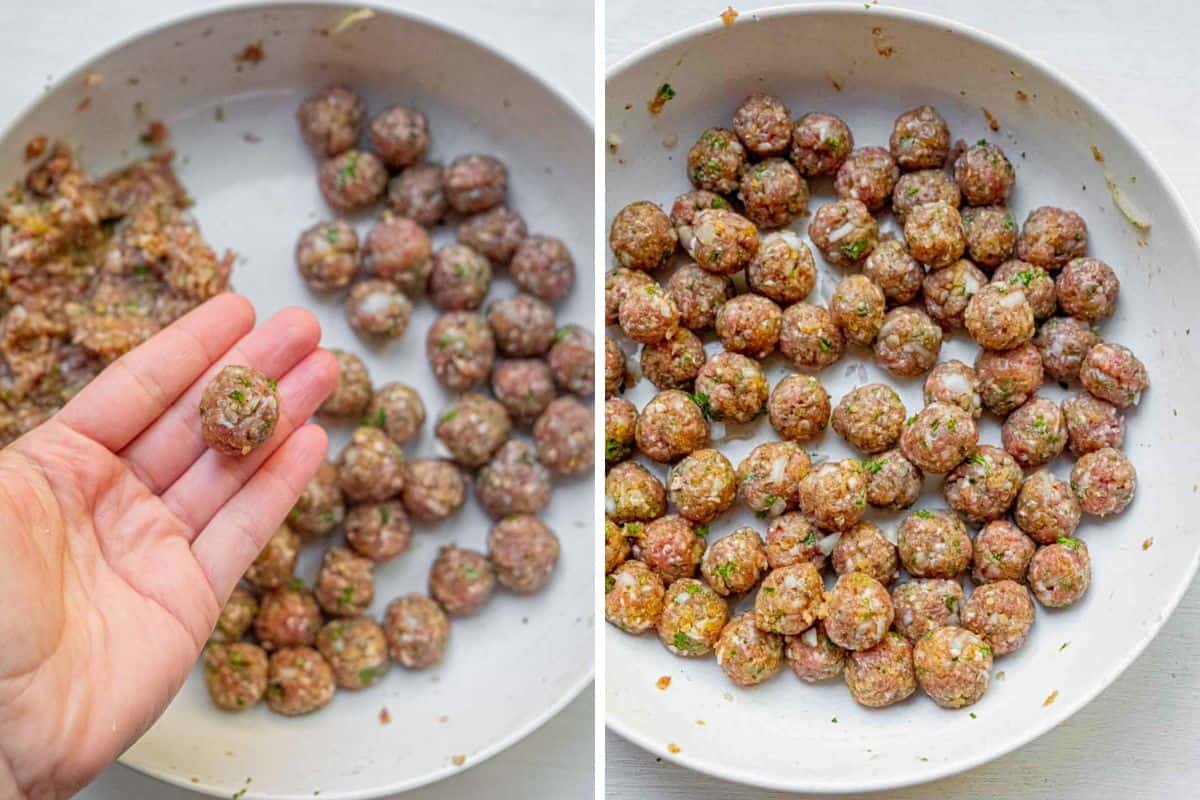 rolling ground meat mixture into small meatballs