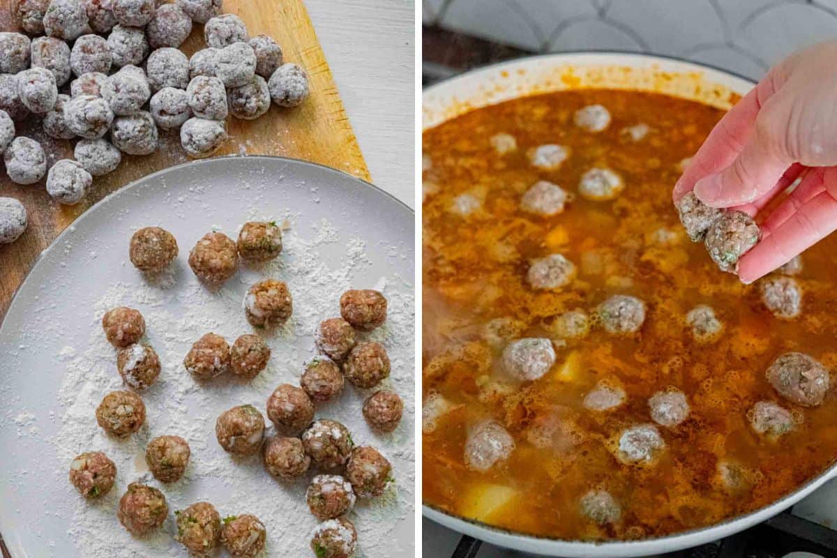 rolling meatballs in flour and adding to simmering broth