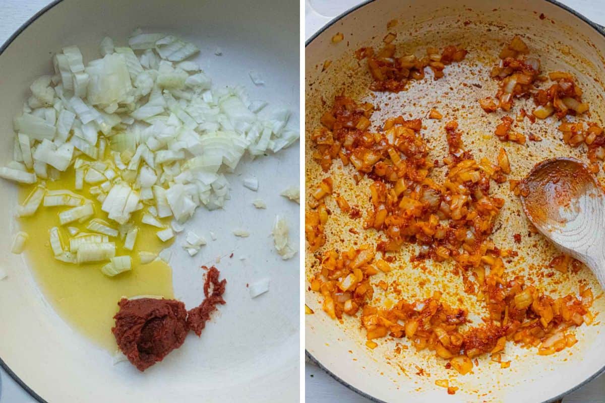 sauteing onion and red pepper paste