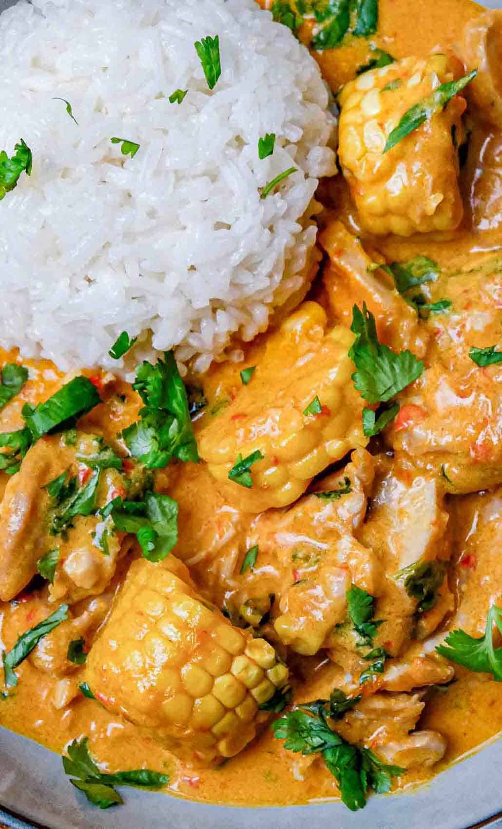 close up of coconut corn chicken curry