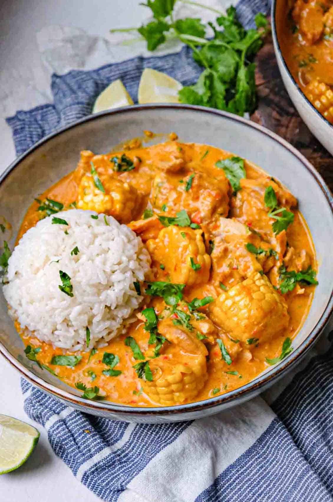 coconut curry chicken with corn and side of rice