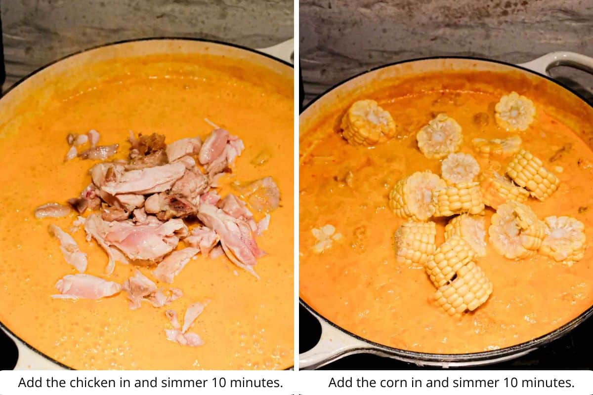 simmering the chicken and corn