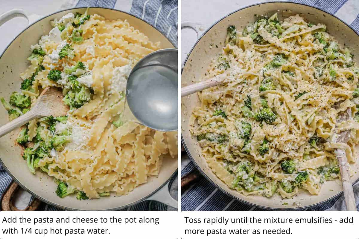 toss broccoli and cheese with hot pasta water