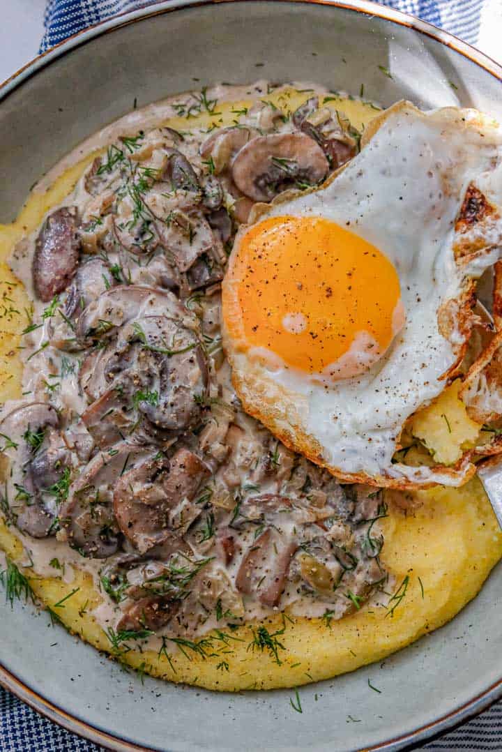 A bowl of mushroom stew and a fried egg over polenta.