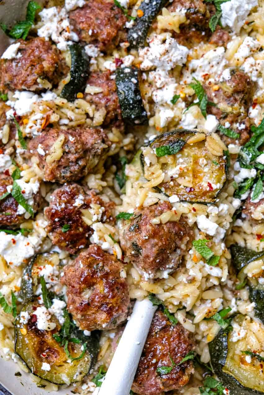 close up zucchini feta orzo meatballs