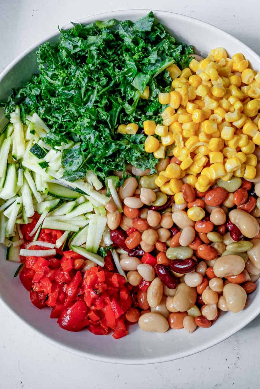 a bowl showing different ingredients in segments: mixed beans, roasted red pepper, slivered zucchini, kale and corn kernels.